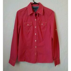 Tommy Hilfiger Pink Shirt Button Up Women Small Long Sleeve White Seams Preppy